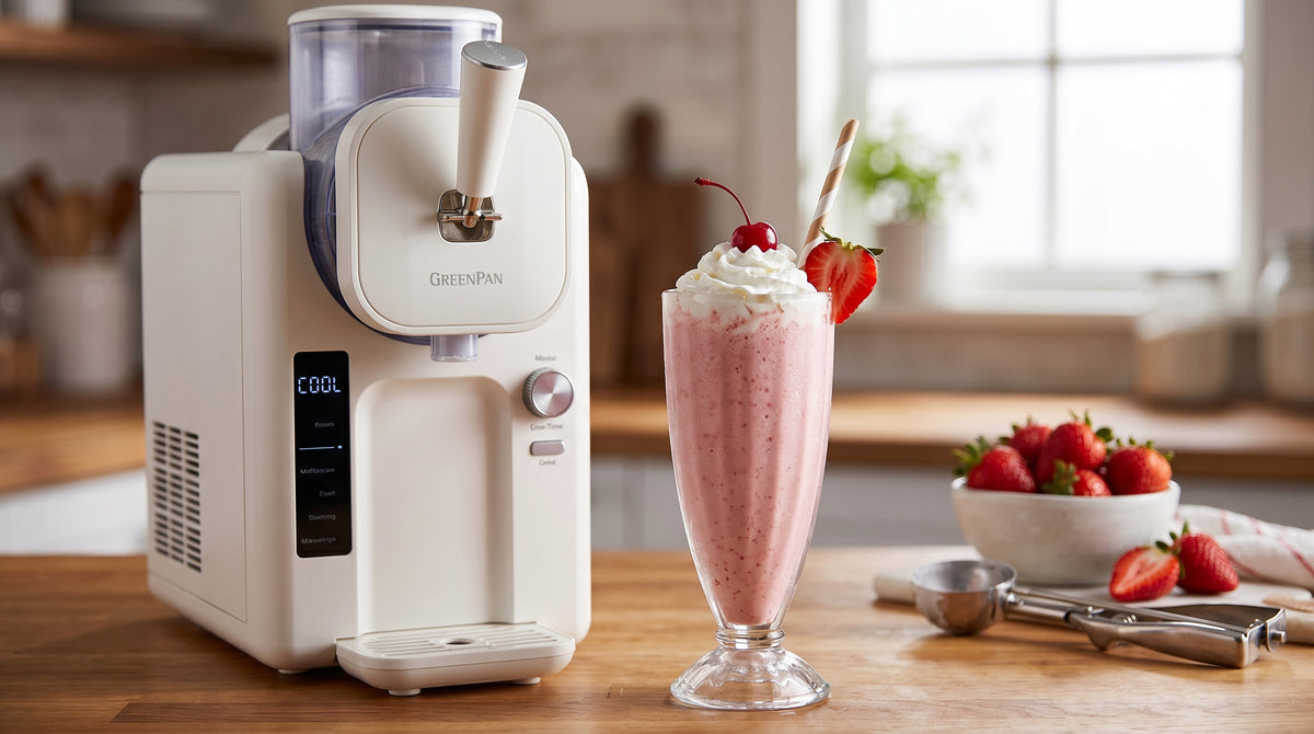 Batido cremoso de fresas con helado de vainilla, listo en un momento