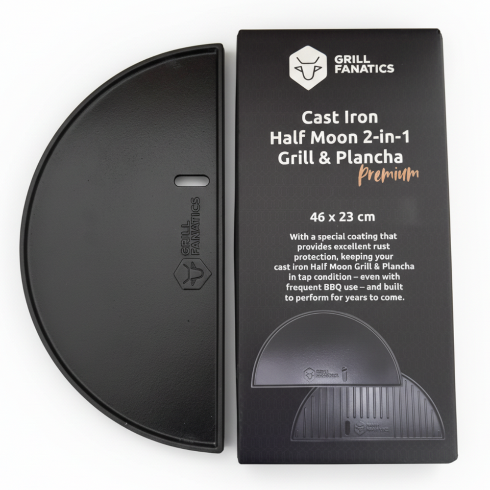 Cookinglife Grill Plancha Media Luna de Hierro Fundido - Doble cara - Compatible con Kamados de 46 cm