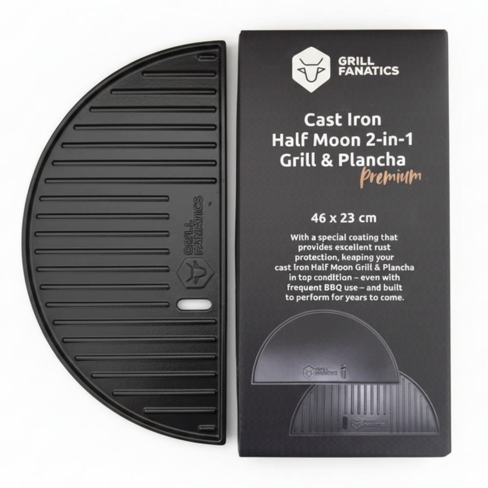 Cookinglife Grill Plancha Media Luna de Hierro Fundido - Doble cara - Compatible con Kamados de 46 cm