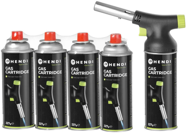 Encendedor para barbacoa Hendi / Quemador para crème brûlée / Soplete de cocina - con gas + Recargas extra de gas butano - 4 unidades
