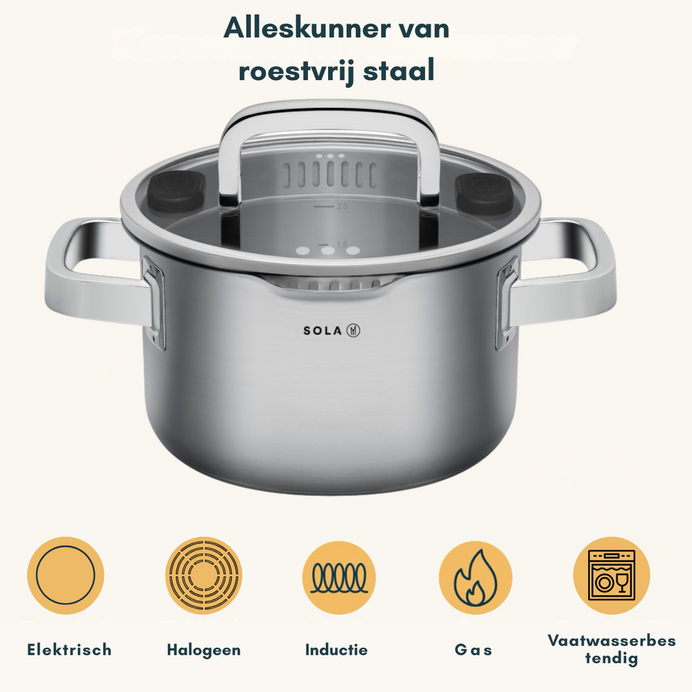 Sola Set de ollas Juvia 4 piezas Acero inoxidable - Compatible con campana extractora - Olla de cocina ø 16, 18, 20 cm y cazo ø 16 cm - apto para todas las fuentes de calor