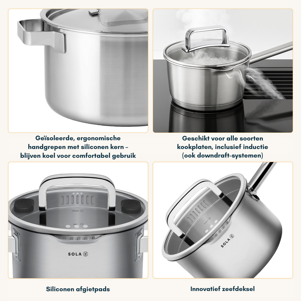 Sola Set de ollas Juvia 4 piezas Acero inoxidable - Compatible con campana extractora - Olla de cocina ø 16, 18, 20 cm y cazo ø 16 cm - apto para todas las fuentes de calor