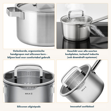 Sola Set de ollas Juvia 4 piezas Acero inoxidable - Compatible con campana extractora - Olla de cocina ø 16, 18, 20 cm y cazo ø 16 cm - apto para todas las fuentes de calor