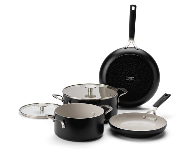 KitchenAid Batería de cocina Aluminio Negra Mate 4 piezas - Sartenes ø 24 & 28 cm, Ollas ø 20 & 24 cm - revestimiento antiadherente cerámico