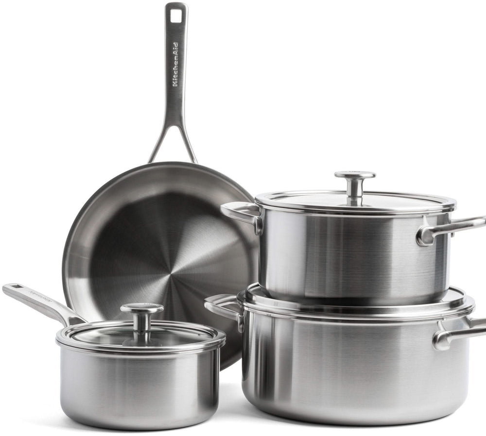 KitchenAid Set de ollas Multi-Ply Acero Inoxidable 6 piezas - Olla ø 20, 24 cm, Cazo ø 16 cm y Sartén ø 24 cm + Sartén Classic Forged ø 24 y 28 cm