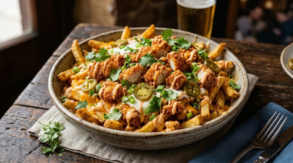 Patatas fritas crujientes, pollo jugoso y todos tus toppings favoritos en un solo recipiente.