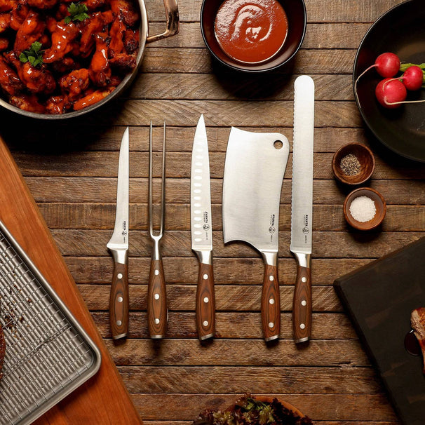 Messermeister Juego de cuchillos para barbacoa Avanta Madera Pakka 6 piezas - con funda para cuchillos