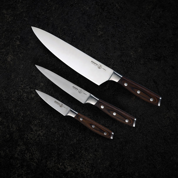 Messermeister Juego de cuchillos Avanta Madera Pakka 3 piezas - Cuchillo de chef, cuchillo universal y cuchillo pelador