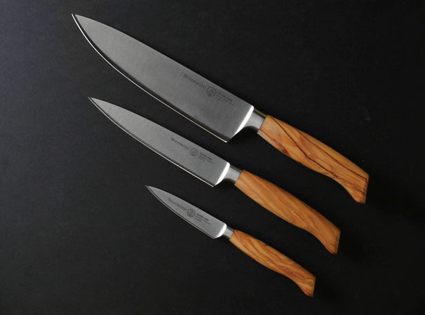 Messermeister Juego de cuchillos Oliva Luxe Madera de Olivo 3 piezas - Cuchillo de chef, cuchillo universal y cuchillo de oficio