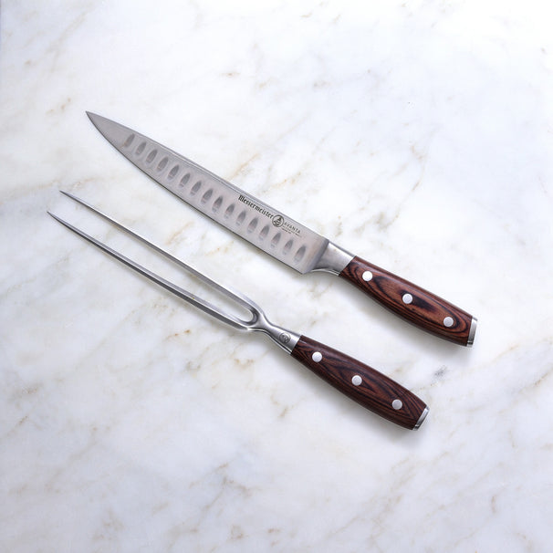 Messermeister Juego para trinchar Avanta Madera Pakka 2 piezas - Cuchillo para carne con alveolos y tenedor trinchador