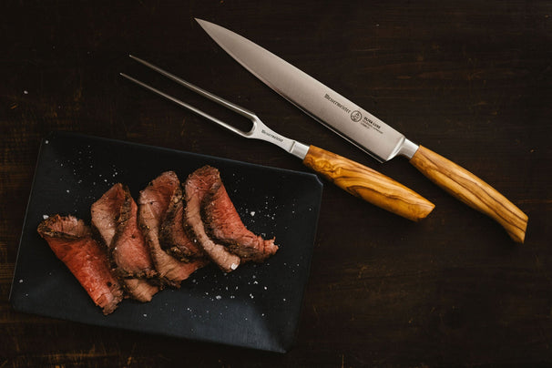 Messermeister Juego para trinchar Oliva Luxe Madera de Olivo 2 piezas - Cuchillo para carne y tenedor trinchador