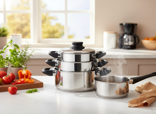 Set de ollas Cookinglife acero inoxidable / negro 4 piezas - Olla ø 16, 18, 20 cm y cazo ø 16 cm - Apto para todas las fuentes de calor