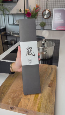 Cuchillo de chef Yaxell Ran con huecos antiadherentes 20 cm - acero damasco inoxidable de 69 capas - mango de Micarta canvas