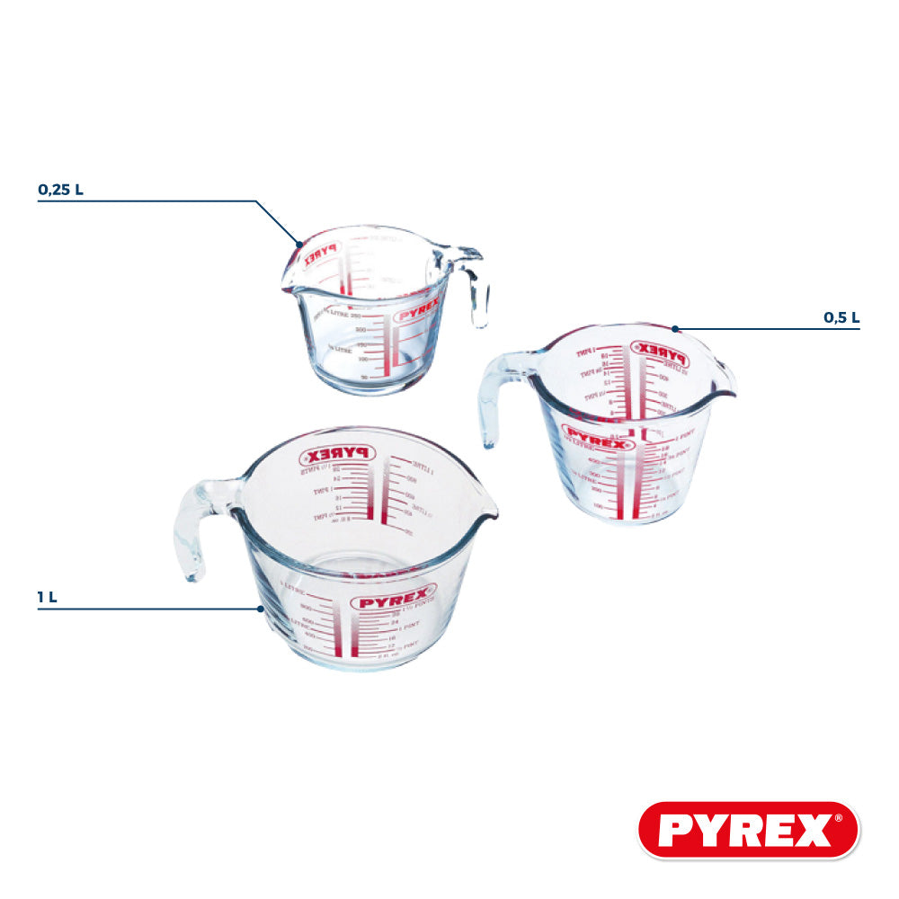 Pyrex Juego de Medidores de Vidrio Iconics' 3 Piezas - 250 ml, 500 ml & 1 Litro