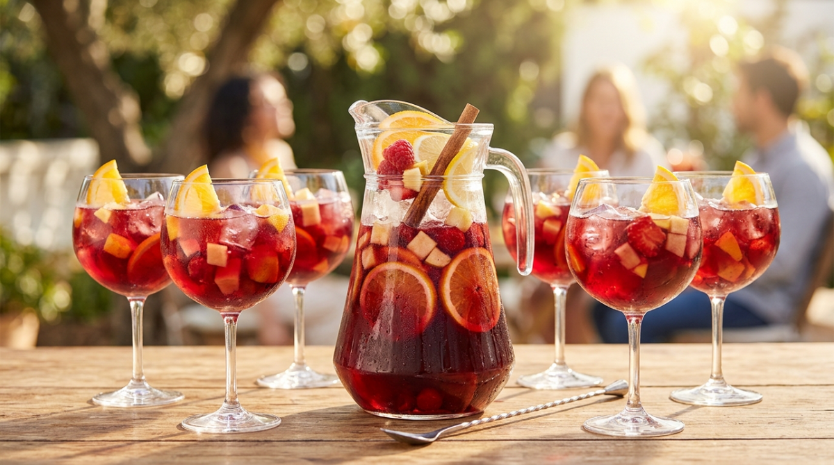 Sangría soleada con fruta roja, cítricos y un toque de licor. Hecha para compartir: una jarra de 1,6 litros sirve cómodamente 6 copas generosas (700 ml) llenas de mucho hielo y fruta.