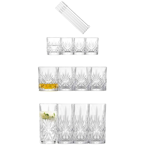 Schott Zwiesel Juego de vasos de bar Show 17 piezas - Vasos de long drink, whisky y chupito con pajitas