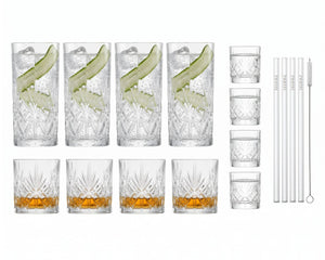 Schott Zwiesel Juego de vasos de bar Show 17 piezas - Vasos de long drink, whisky y chupito con pajitas
