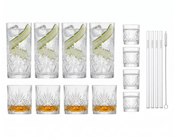 Schott Zwiesel Juego de vasos de bar Show 17 piezas - Vasos de long drink, whisky y chupito con pajitas