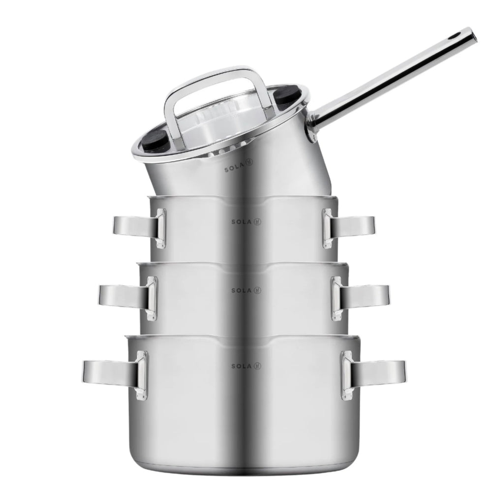 Sola Set de ollas Juvia 4 piezas Acero inoxidable - Compatible con campana extractora - Olla de cocina ø 16, 18, 20 cm y cazo ø 16 cm - apto para todas las fuentes de calor