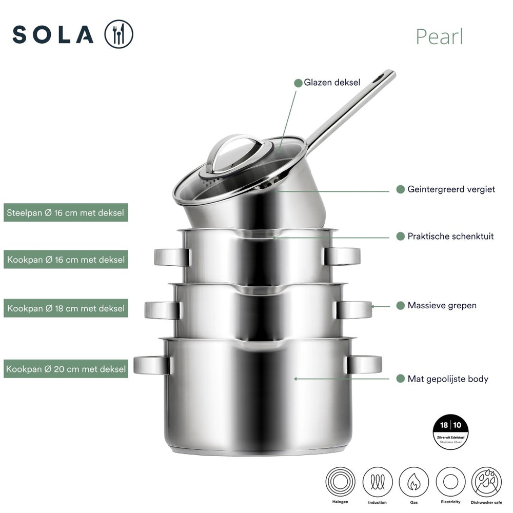Sola Set de ollas Pearl 4 piezas acero inoxidable - apto para extracción de aire - Olla ø 16, 18, 20 cm y cazo ø 16 cm - apto para todas las fuentes de calor