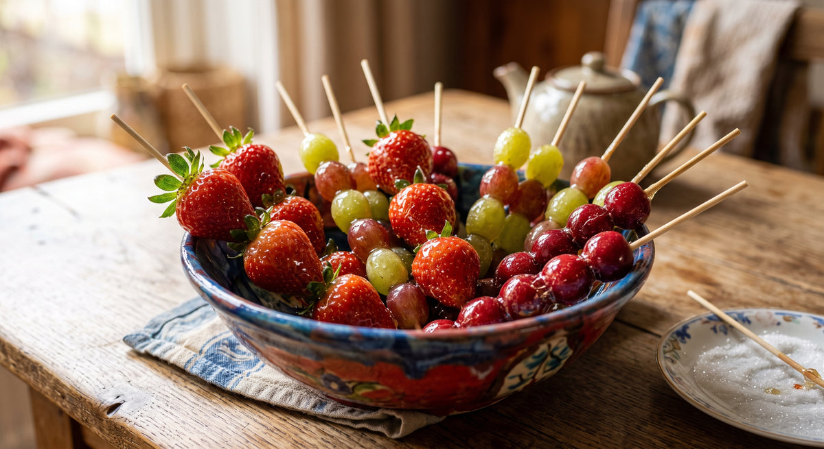 Fruta crujiente caramelizada en un palito