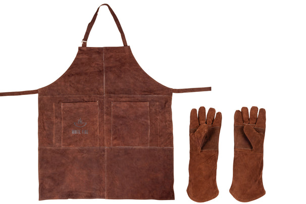 White Fire BBQ delantal & guantes de cuero - marrón - 3 piezas