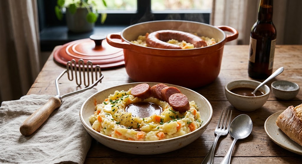 Clásico puré de patatas con un giro colorido de zanahoria