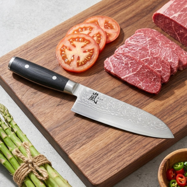 Cuchillo Santoku Yaxell Ran 16.5 cm - acero damasco inoxidable de 69 capas - mango de Micarta canvas