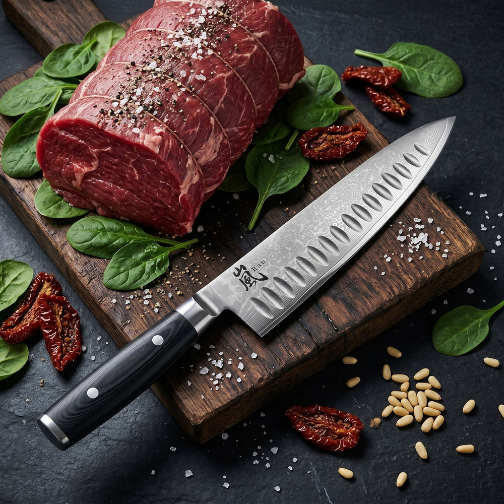 Cuchillo de chef Yaxell Ran con huecos antiadherentes 20 cm - acero damasco inoxidable de 69 capas - mango de Micarta canvas