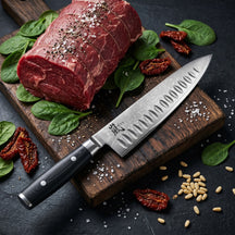 Cuchillo de chef Yaxell Ran con huecos antiadherentes 20 cm - acero damasco inoxidable de 69 capas - mango de Micarta canvas