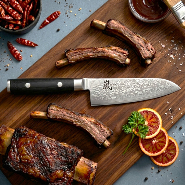 Cuchillo Santoku Yaxell Ran 12.5 cm - acero damasco inoxidable de 69 capas - mango de Micarta canvas